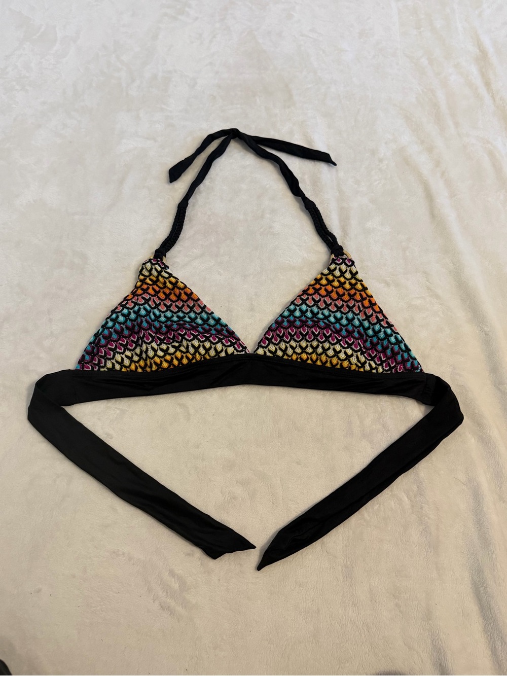 Multicolor Scallop-Print Triangle Bikini Top with Black Ties. 36C or 34D